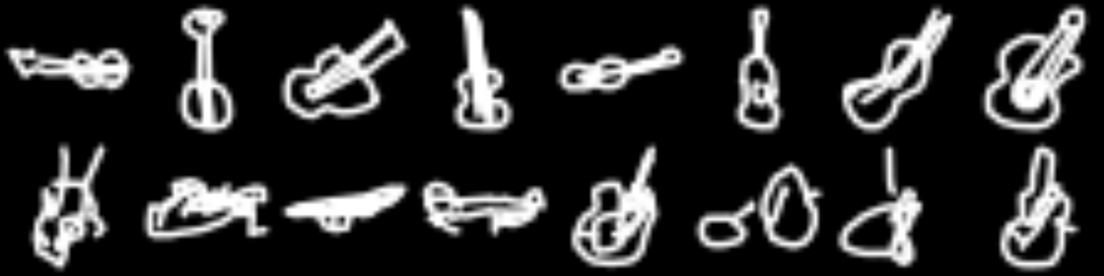 Fig. 7: Guitars, drawn by people (top row) and the network (bottom row).