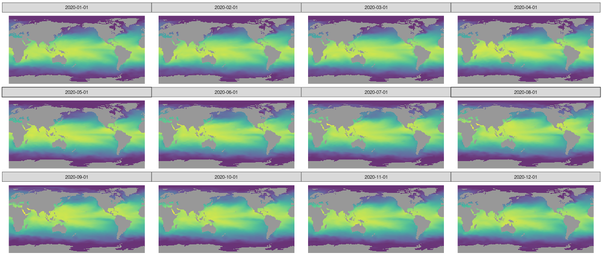 Monthly sea surface temperatures, 2020/01/01 - 2020/01/12.