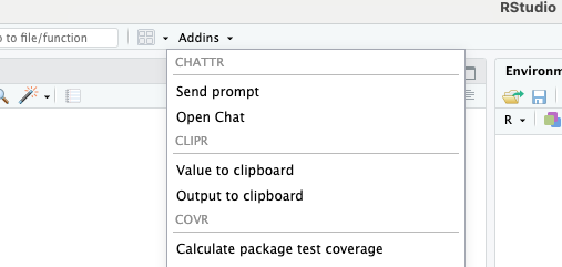 Screenshot of the chattr addins in RStudio