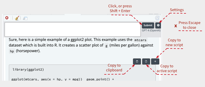 Screenshot of the chattr Shiny app top portion. The image has several arrows highlighting the different buttons, such as Settings, Copy to Clipboard, and Copy to new script