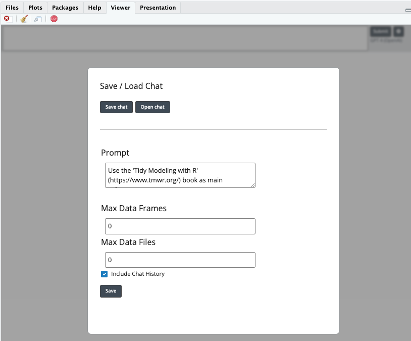 Screenshot of the chattr Shiny app Settings page. It shows the Prompt, Max Data Frames, Max Data Files text boxes, and the 'Include chat history' check box
